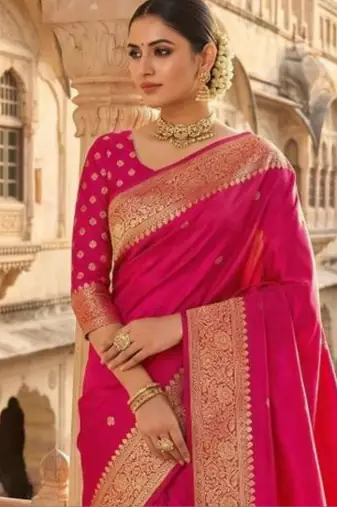 Pink woven design zari silk blend heavy work banarasi saree