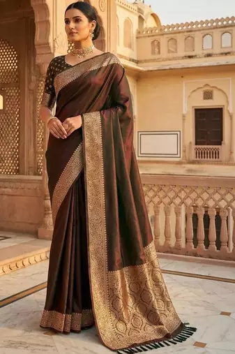 Brown woven design zari silk blend heavy work banarasi saree