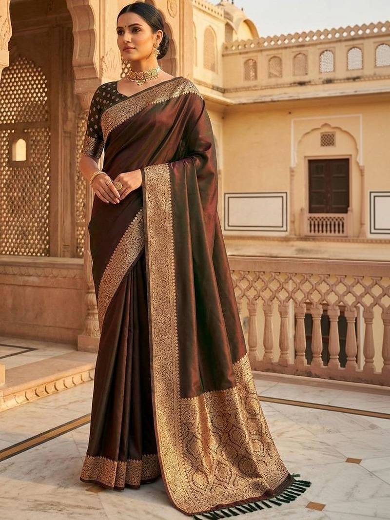 Brown woven design zari silk blend heavy work banarasi saree