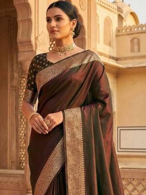 Brown woven design zari silk blend heavy work banarasi saree 2