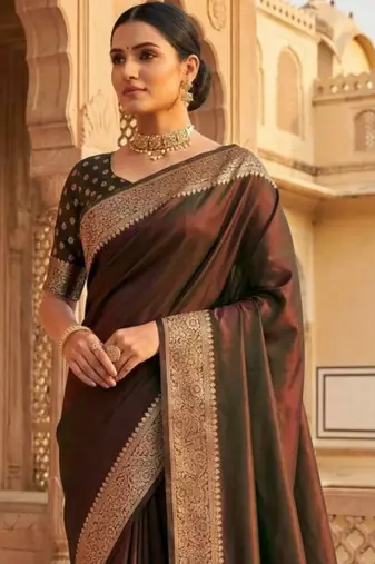 Brown woven design zari silk blend heavy work banarasi saree