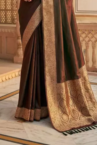 Brown woven design zari silk blend heavy work banarasi saree