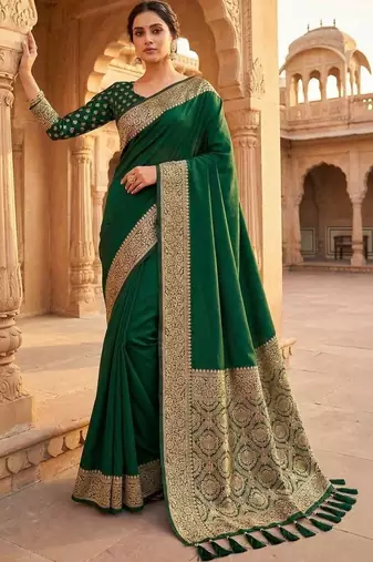 Green ethnic motifs zari silk blend banarasi saree