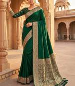Green ethnic motifs zari silk blend banarasi saree