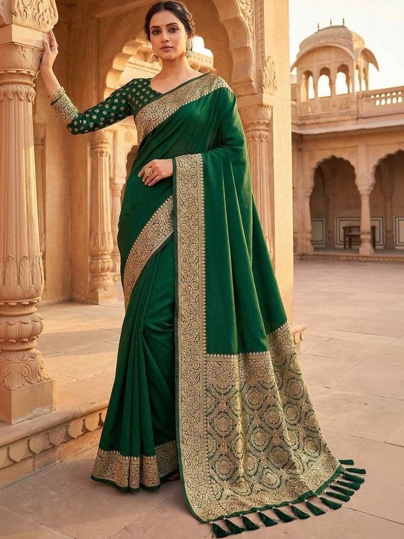 Green ethnic motifs zari silk blend banarasi saree