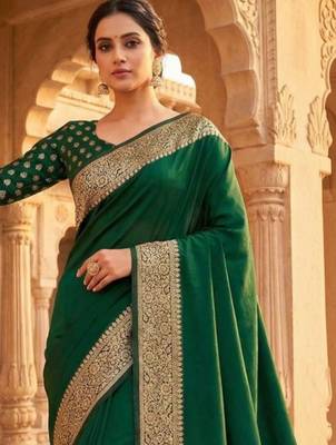 Green ethnic motifs zari silk blend banarasi saree 2
