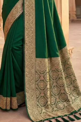 Green ethnic motifs zari silk blend banarasi saree
