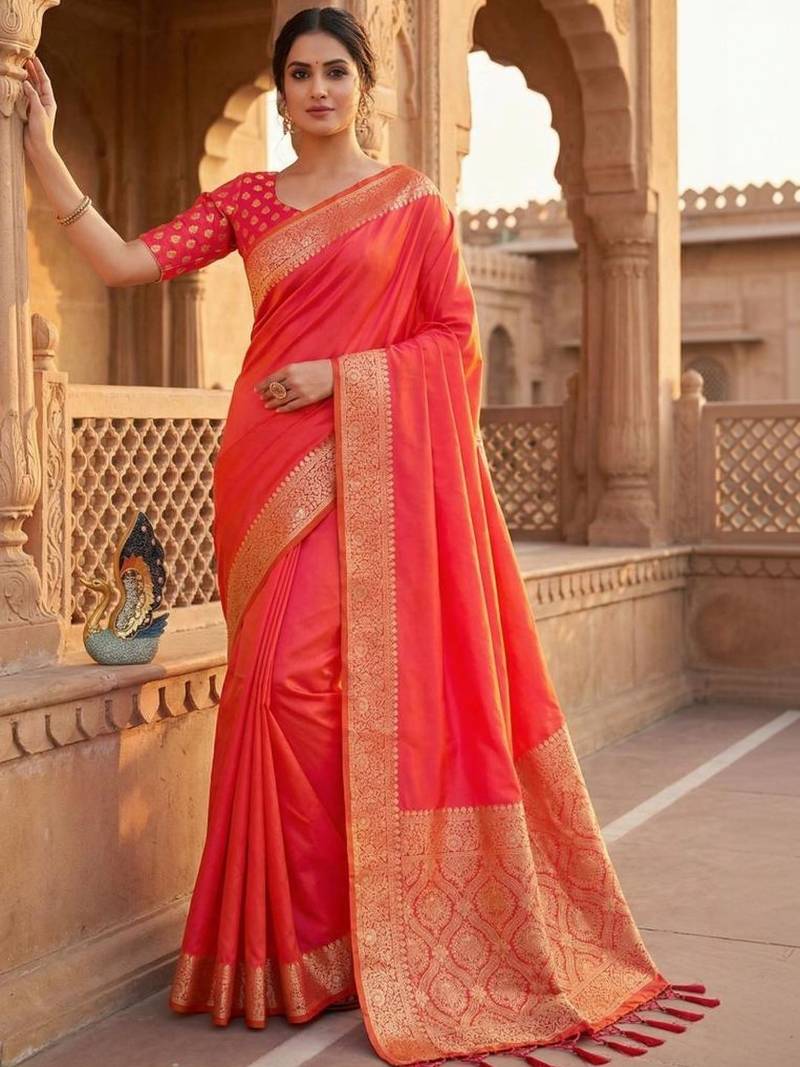 Red woven design zari silk blend banarasi saree