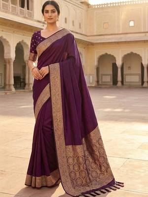 Purple ethnic motifs zari silk blend heavy work banarasi saree 1