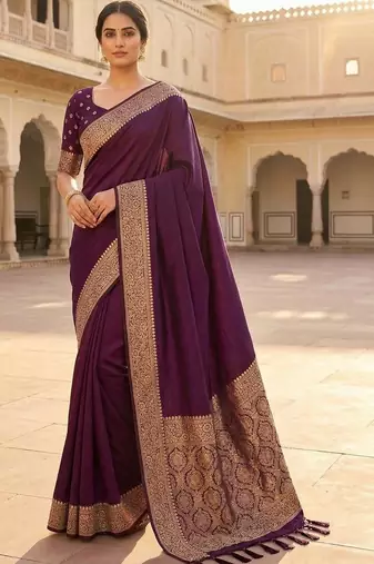 Purple ethnic motifs zari silk blend heavy work banarasi saree