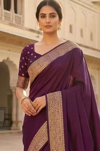 Purple ethnic motifs zari silk blend heavy work banarasi saree