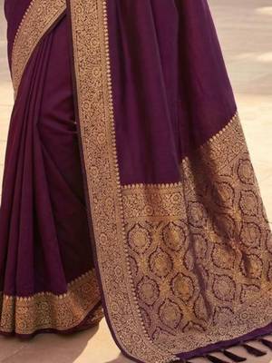 Purple ethnic motifs zari silk blend heavy work banarasi saree 3