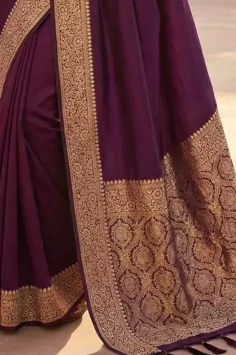 Purple ethnic motifs zari silk blend heavy work banarasi saree