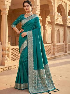 Teal ethnic motifs zari silk blend heavy work banarasi saree 1