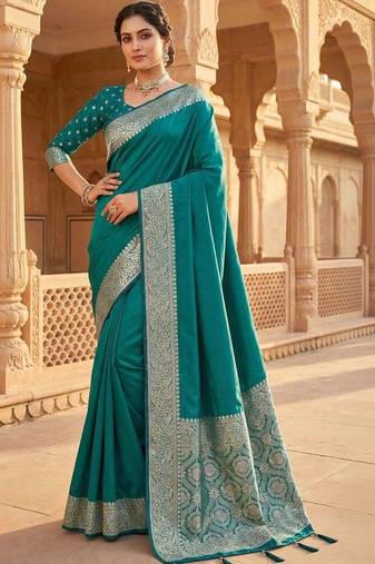 Teal ethnic motifs zari silk blend heavy work banarasi saree