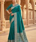 Teal ethnic motifs zari silk blend heavy work banarasi saree