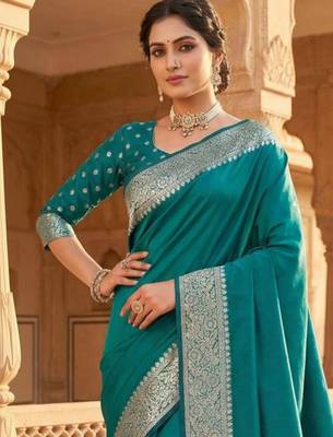 Teal ethnic motifs zari silk blend heavy work banarasi saree 2