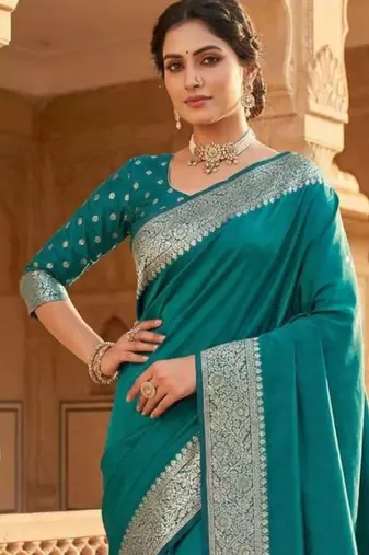 Teal ethnic motifs zari silk blend heavy work banarasi saree