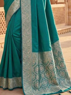 Teal ethnic motifs zari silk blend heavy work banarasi saree 3