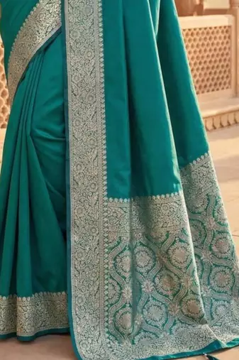 Teal ethnic motifs zari silk blend heavy work banarasi saree