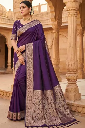 Purple woven design zari silk blend banarasi saree