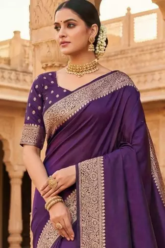 Purple woven design zari silk blend banarasi saree