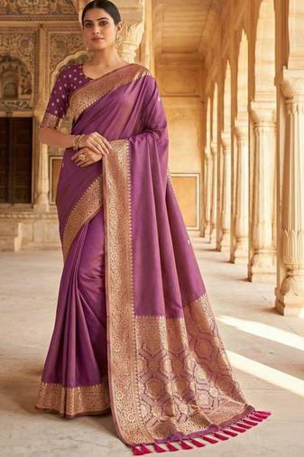 Purple woven design zari silk blend banarasi saree