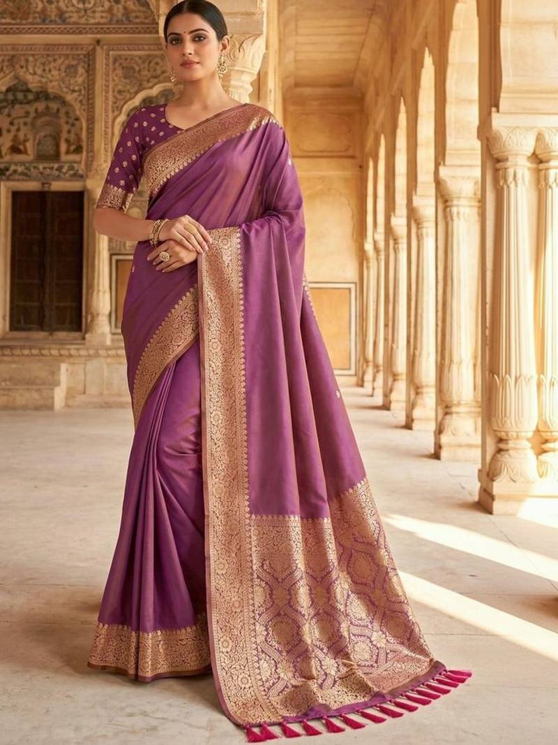 Purple woven design zari silk blend banarasi saree