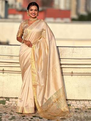 Cream woven design tissue tussar saree 1