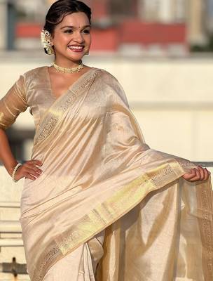 Cream woven design tissue tussar saree 4