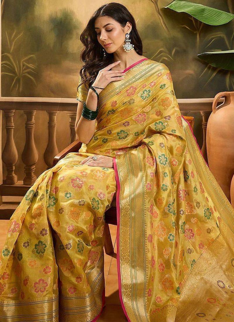Orange woven design zari banarasi saree