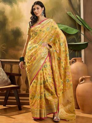 Orange woven design zari banarasi saree 3