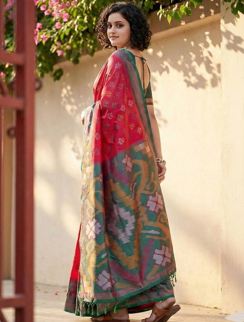 Red woven design zari silk blend handloom pochampally saree