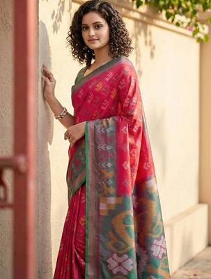 Red woven design zari silk blend handloom pochampally saree 3