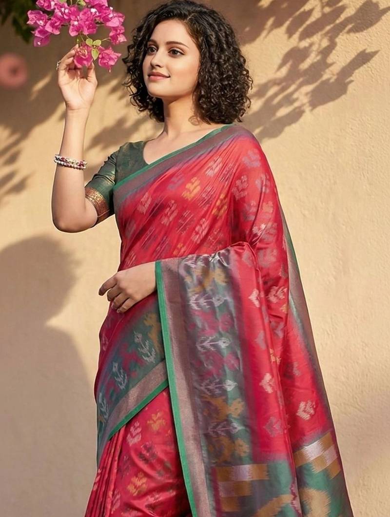 Red woven design zari silk blend handloom pochampally saree