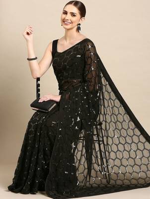 Black sequinned poly georgette designer saree 1