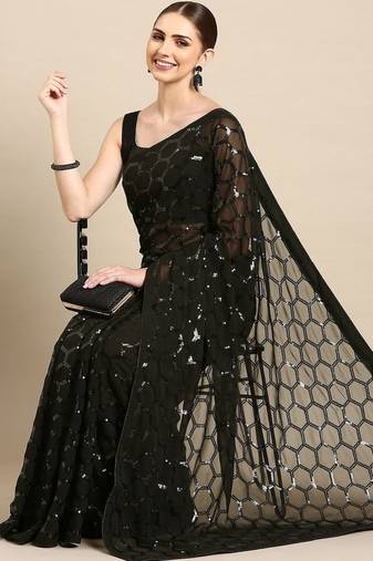 Black sequinned poly georgette designer saree