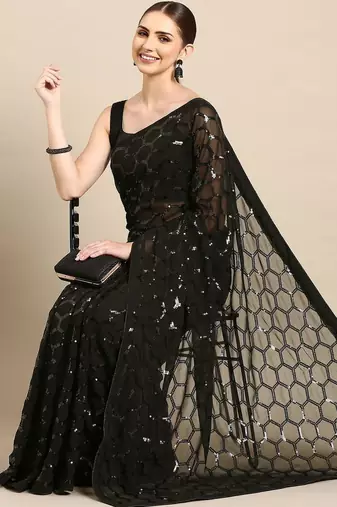 Black sequinned poly georgette designer saree