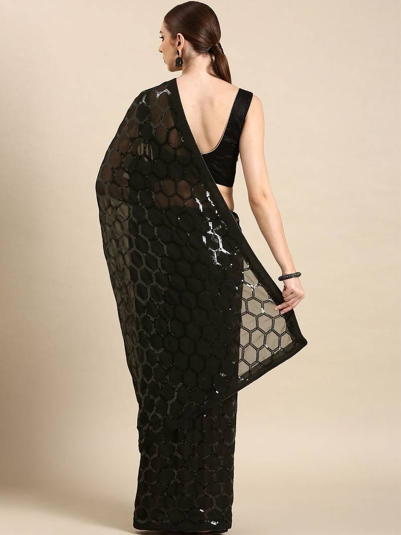 Black sequinned poly georgette designer saree