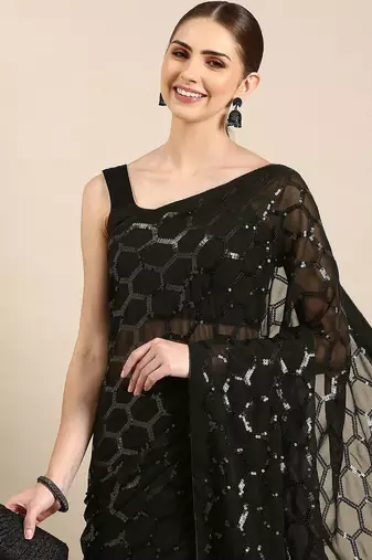 Black sequinned poly georgette designer saree