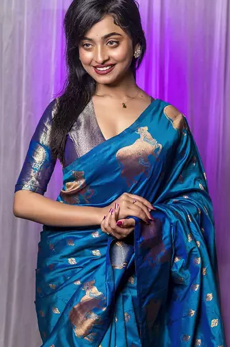 Blue woven design zari silk blend banarasi saree
