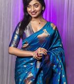 Blue woven design zari silk blend banarasi saree