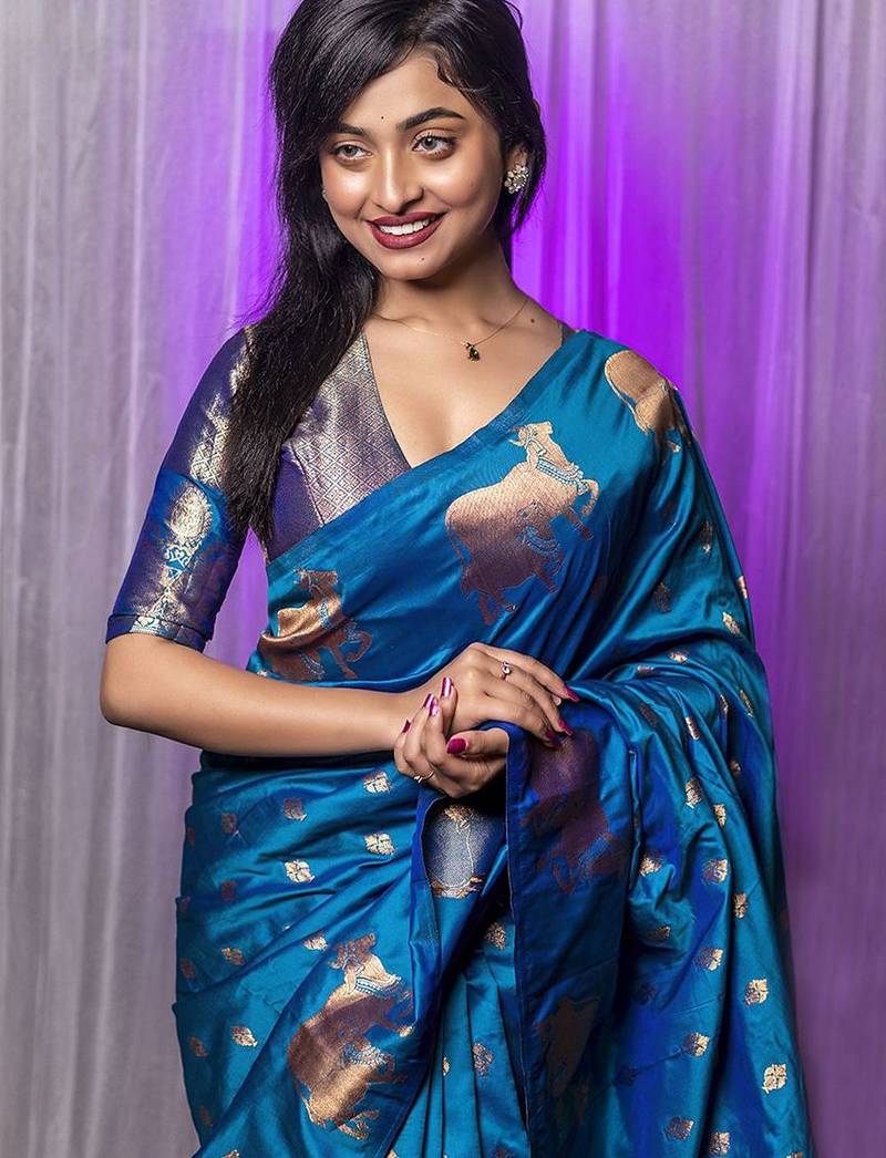 Blue woven design zari silk blend banarasi saree