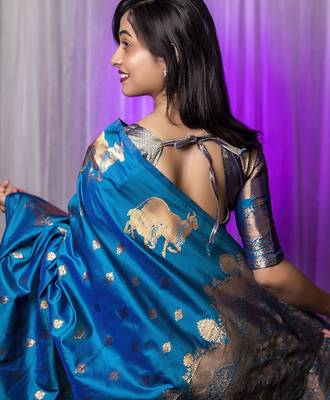 Blue woven design zari silk blend banarasi saree 3