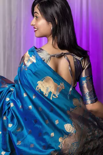 Blue woven design zari silk blend banarasi saree