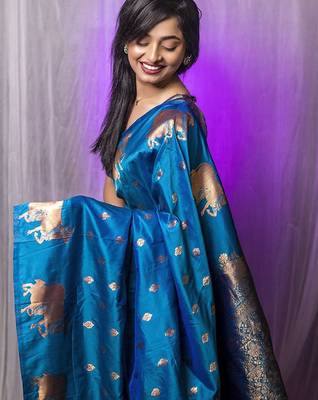 Blue woven design zari silk blend banarasi saree 4