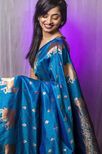 Blue woven design zari silk blend banarasi saree