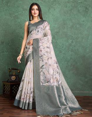 Off white floral printed silk cotton saree 1