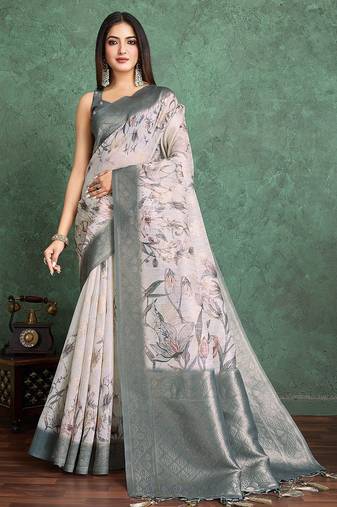 Off white floral printed silk cotton saree
