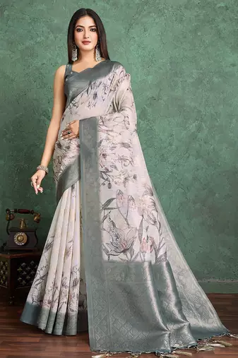 Off white floral printed silk cotton saree